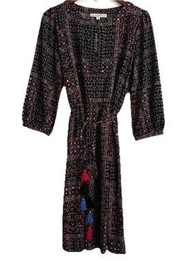 LOFT Dress L Colorful Geometric Floral Tie Tassels Bohemian Cottagecore